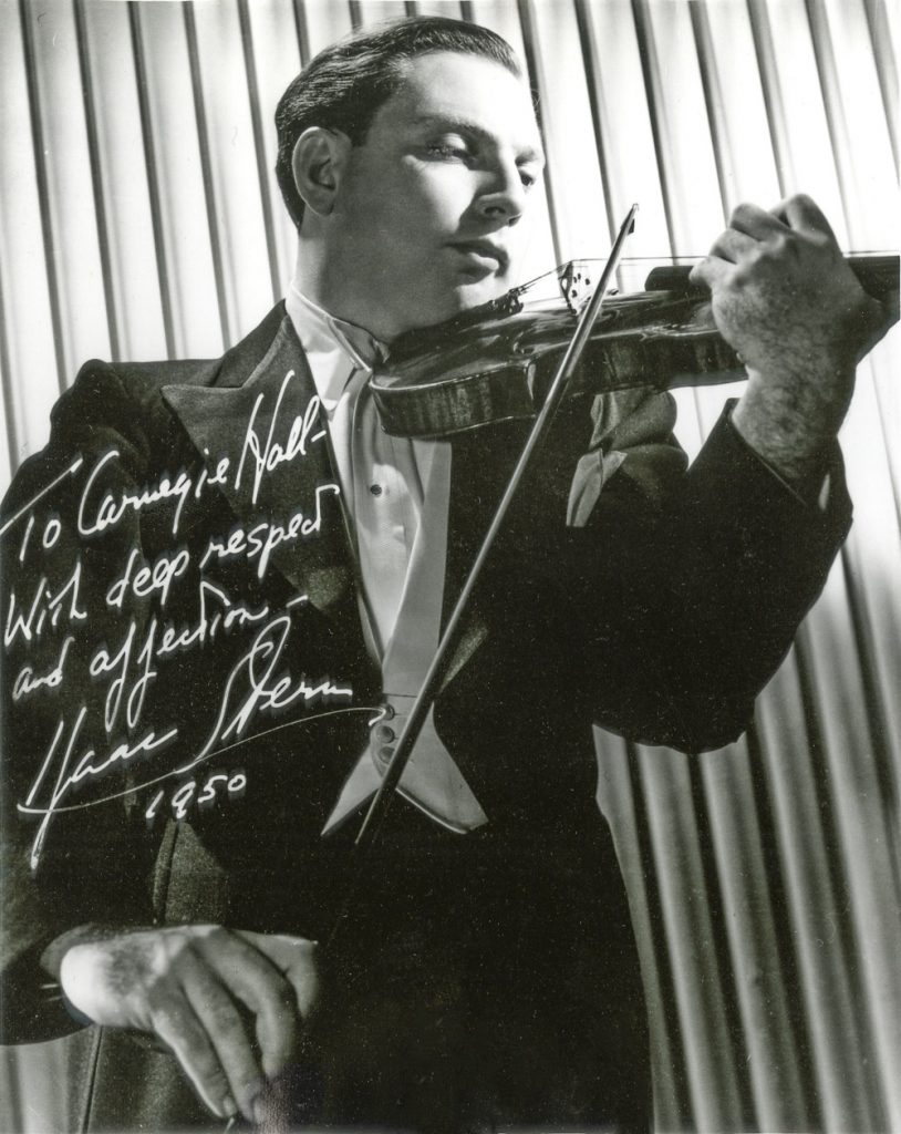 Photograph of violinist Isaac Stern, inscribed "To Carnegie Hall," 1950.